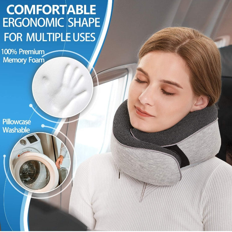 Luxury Memory Foam Travel Neck Pillow Set – 360° Ergonomic Support with Eye Mask, Earplugs & Carry Pouch